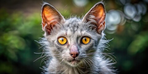 Obraz premium A rare and mystical-looking Lykoi cat with a unique wolf-like appearance, featuring a silver-gray coat with black tips and piercing yellow eyes.