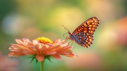 Obraz premium A butterfly perched delicately on a flower, with its wings spread wide, symbolizing transformation and the beauty of nature.