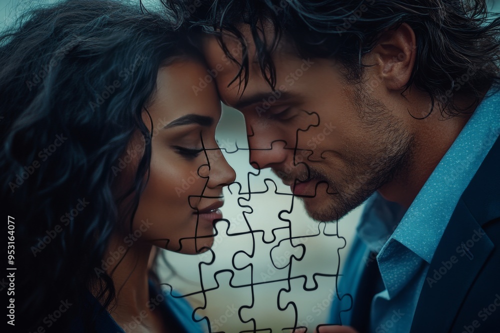 Poster mindfulness devotion romantic couple with a puzzle piece connection representing the fitting togethe