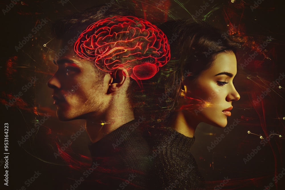 Poster dual exposure profile of man and woman with red neural networks intertwined symbolizing interconnect