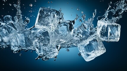 Falling ice cubes splash into clear water against a gradient blue background.