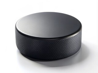 Mesmerizing photo of a single hockey puck, centered and isolated, drawing the viewer's eye to its simple yet elegant design