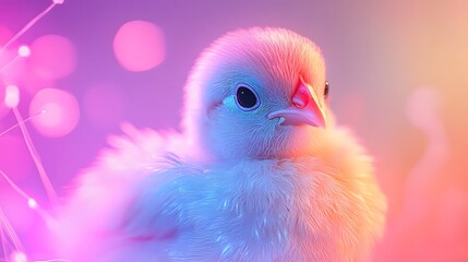 Holographic abstract interface illustration of a digital cute baby chicken, designed with vibrant holographic lights and a charming