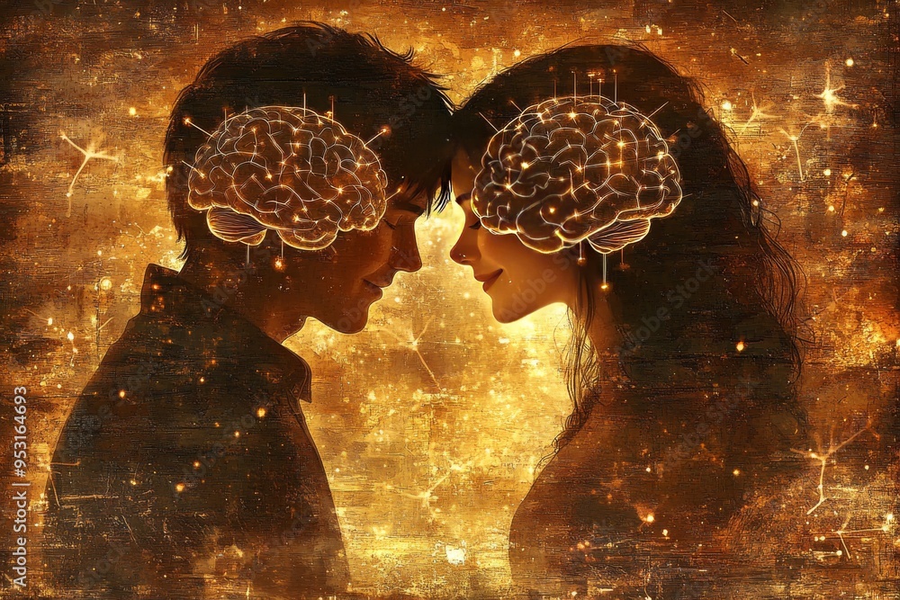 Aufkleber a warm golden depiction of a couple with mechanical gears for brains symbolizing the intricate machi