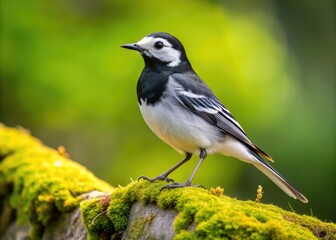 Obraz premium A sleek black and white pied wagtail perches on a moss-covered stone wall, its bright eyes scanning the surrounding greenery for insects and small prey.