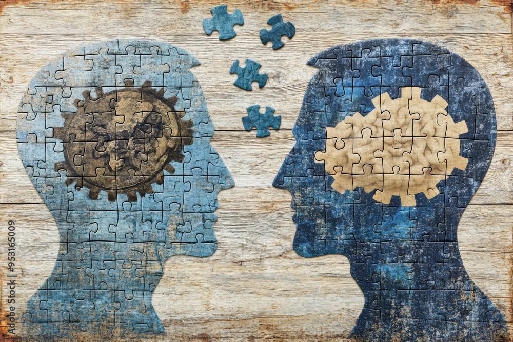 Aufkleber a conceptual puzzle of two human profiles with brain shaped pieces symbolizing the complexity of tho