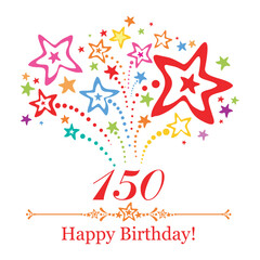 Obraz premium Happy birthday card. Celebration background with number hundred fifty, firework and place for your text. Vector illustration 