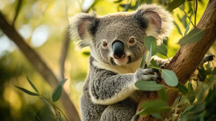 Fototapeta premium A close-up of a koala clinging to a tree branch, showcasing the cute and cuddly nature of this Australian marsupial