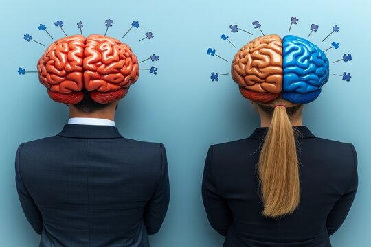 A playful yet symbolic representation of a male and female figure with contrasting red and blue brains emphasizing gender differences in thought processes and intellect