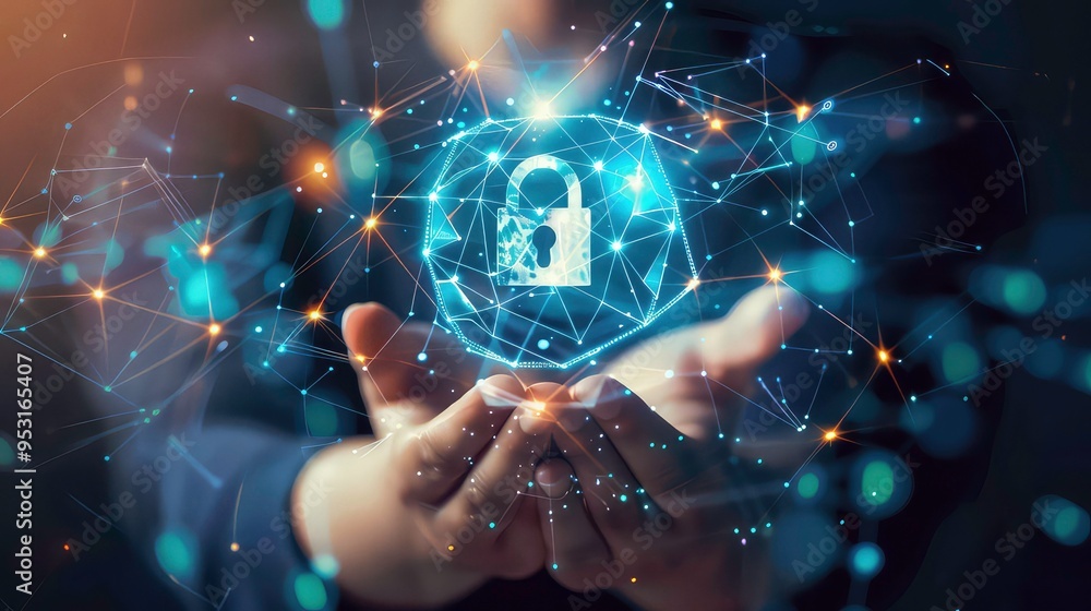 Poster hands holding a glowing padlock surrounded by a web of lines and dots.