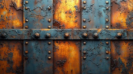 Close-up of a rusty metal door with blue accents, showcasing intricate textures and weathered patterns.