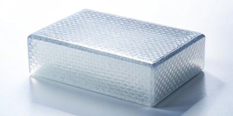 Crystal-clear image of a single yoga block, its textured surface and precise edges highlighted against a pristine white backdrop