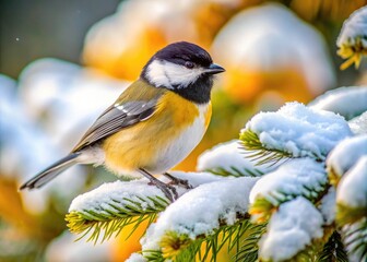 Naklejka premium A small, black-capped mountain chickadee perches on a snow-covered evergreen branch, bright yellow feathers peeking through, amidst a serene winter mountain landscape.