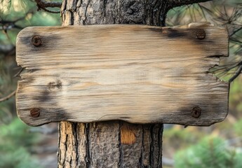 Rustic wooden signboard nailed to tree trunk, outdoor signage concept
