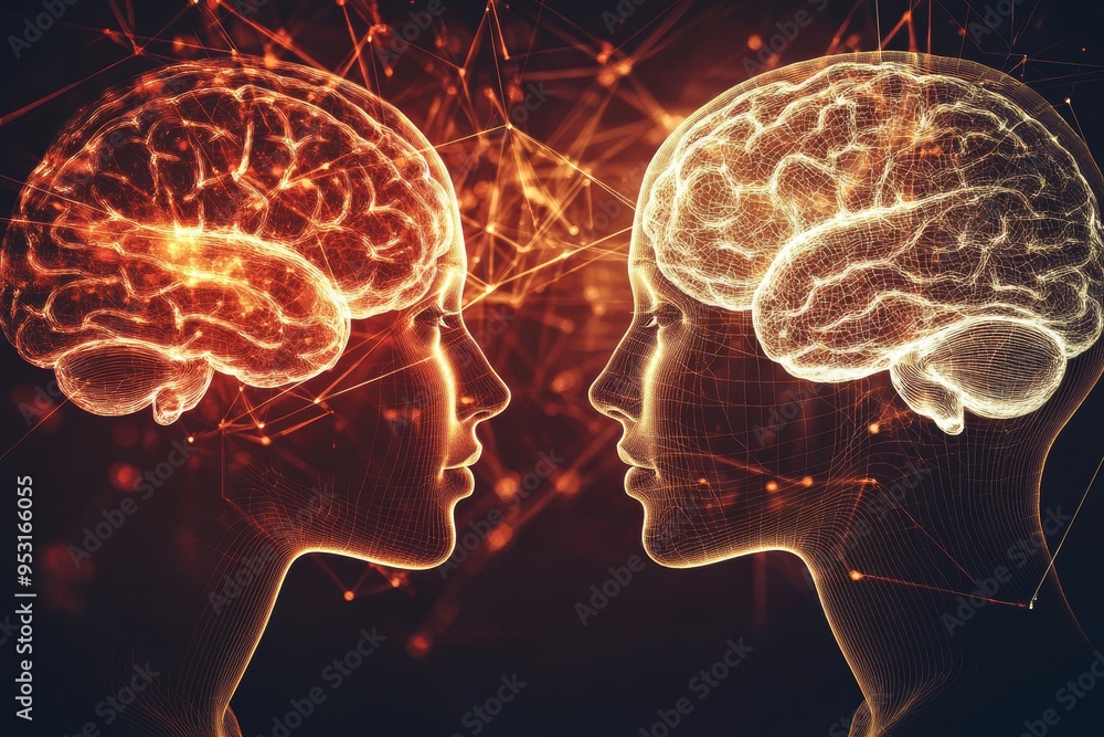 Poster vibrant electrifying depiction of two individuals with interconnected glowing brains symbolizing int