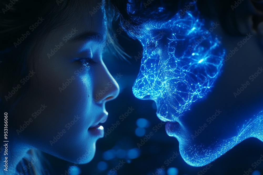 Poster a futuristic and emotional close up of a couple with glowing neural patterns highlighting the deep c