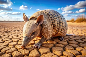 A small, furry armadillo with a long pointed snout and protective shell digs into the earth with its sharp claws in a dry, cracked desert landscape.
