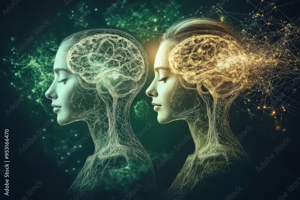 Aufkleber a dual exposure portrait of two women with glowing brains representing the shared intellectual conne