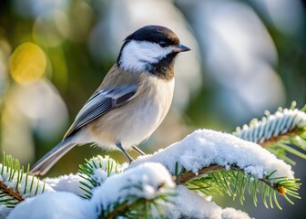 Obraz premium A small, grey-breasted mountain chickadee perches on a snow-covered evergreen branch, its black cap and white cheeks a striking contrast against the winter wonderland backdrop.