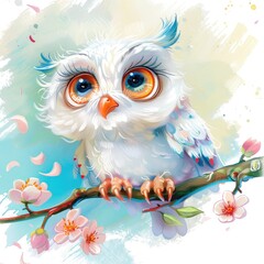 Naklejka premium Vintage-style watercolor painting of an adorable owl on a flower branch, isolated on a white background, featuring a cute character with bright eyes and a decorative pattern.