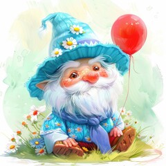 Obraz premium Charming gnome in a knitted hat with flowers and a blue scarf, holding a red balloon, on a white background, rendered in watercolor, perfect for decorating children's projects and designs.