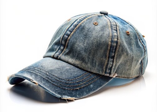 Vintage style denim cap, worn and faded, showcasing rustic charm and character, isolated on a clean white surface, highlighting every thread and fray.
