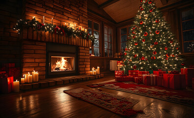 A cozy Christmas living room with a decorated tree, fireplace, and lots of presents under the tree. The scene is lit by warm lights, creating an inviting atmosphere. 