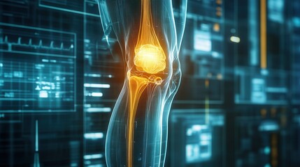 High-tech visualization of a human knee joint with glowing elements, showcasing anatomy and modern medical technology.