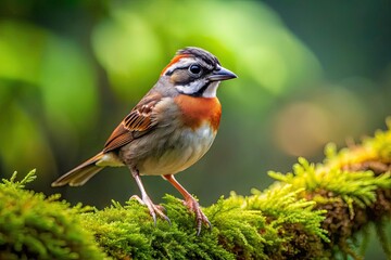Fototapeta premium A small, sleek Rufous-collared Sparrow perches on a moss-covered branch, its distinctive reddish-brown collar and grey-brown plumage blending with the lush greenery of the tropical rainforest habitat.