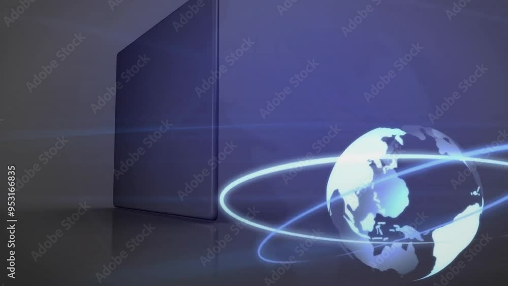 Poster tablet with gears and cogs animation over rotating globe and digital lines