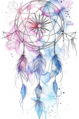 Colorful dreamcatcher with heart motif, isolated on white background, in watercolor and tribal art design, showcasing romantic and decorative pattern.