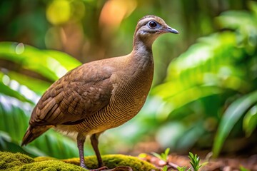 A solitary, cryptic undulated tinamou bird with mottled brown plumage blends seamlessly into the dense, humid rainforest undergrowth, its large eyes watchful and alert.