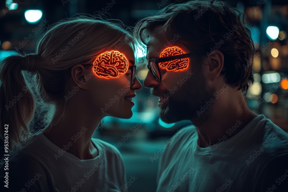 Aufkleber surreal romantic digital portrait of couple with glowing eyes and interconnected brains symbolizing 