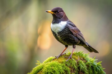Obraz premium A solitary Ring Ouzel perches on moss-covered branch, showcasing striking black-and-white plumage, crimson eye ring, and elegant silhouette amidst lush, misty forest surroundings.