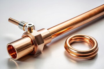Polished copper pipe with a temperature sensor attached, set against a pristine white backdrop, demonstrating its use in industrial temperature control systems.