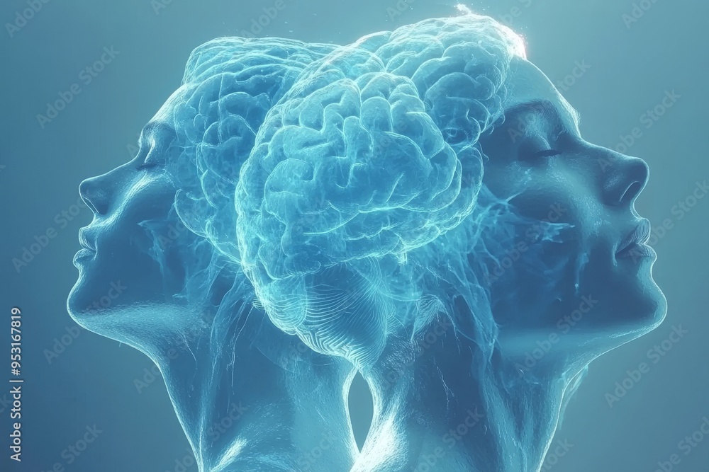 Poster a futuristic ethereal illustration of two translucent profiles with glowing blue brains representing