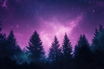 Night sky with purple aurora over forest, concept of cosmic beauty and nature
