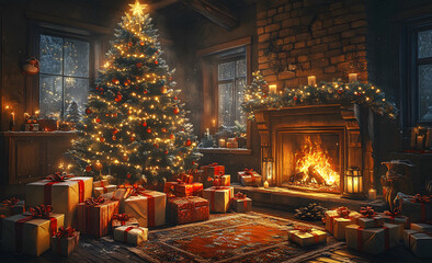 Obraz premium A cozy Christmas living room with a decorated tree, fireplace, and lots of presents under the tree. The scene is lit by warm lights, creating an inviting atmosphere. 