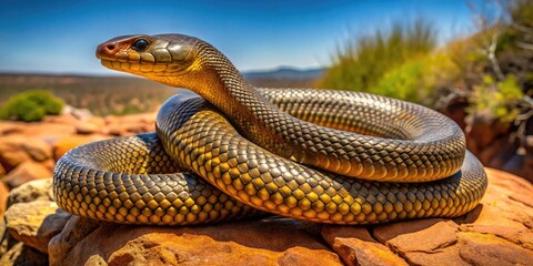 Naklejka premium A venomous inland taipan snake, also known as fierce snake, coils on a rocky outcrop in the Australian desert, its scales glistening in the sun.