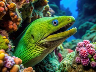 Obraz premium A vibrant green moray eel emerges from a coral reef crevice, its long slender body undulating as it searches for its next prey in the ocean depths.
