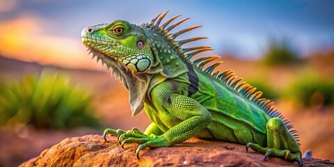 Fototapeta premium A vibrant green spiny-tailed iguana perches on a rock, its scaly body and long tail adorned with sharp spines, set against a blurred desert landscape.