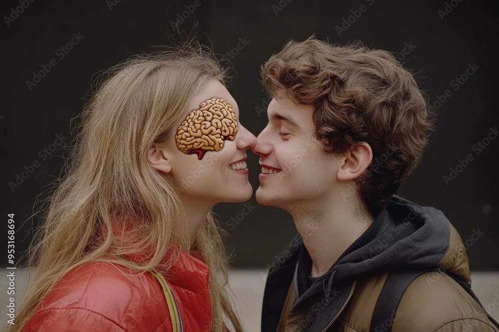 Poster a playful romantic digital image of a young couple with glowing neural patterns symbolizing the ligh