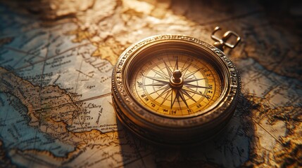 Antique compass resting on ancient map showing the americas