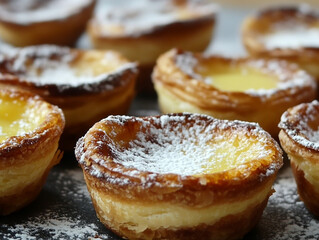 Portuguese pastel de nata with powdered sugar.