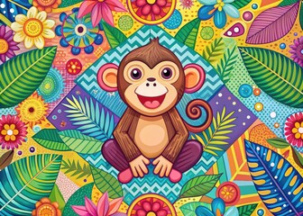 Fototapeta premium A whimsical illustration of a happy monkey sitting on a vibrant, geometric Floral patterned background, surrounded by colorful abstract shapes and tropical leaves.