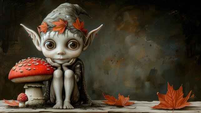 Cute cartoon elf with a green leaf crown and pointy ears, hiding behind a mushroom, eyes shining with curiosity in a magical forest background.