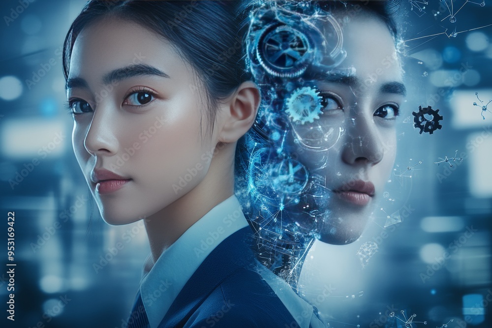Poster conceptual portrait of a woman with half of her face mechanical representing the integration of huma