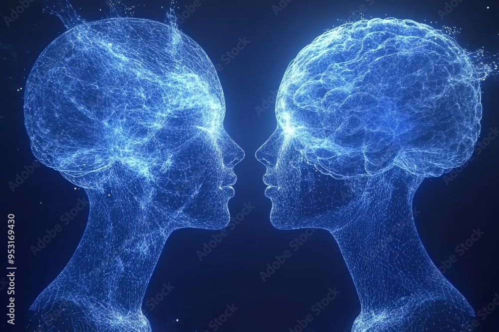 Poster a futuristic digital illustration of two blue toned profiles with neural networks symbolizing advanc