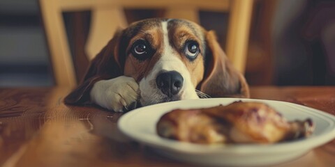 Dog gazing intently at a roasted chicken leg on a light-colored dish.