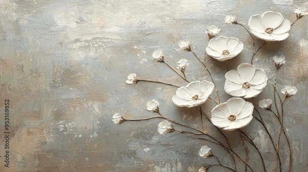 Wall mural featuring two white flowers surrounded by gold leaf